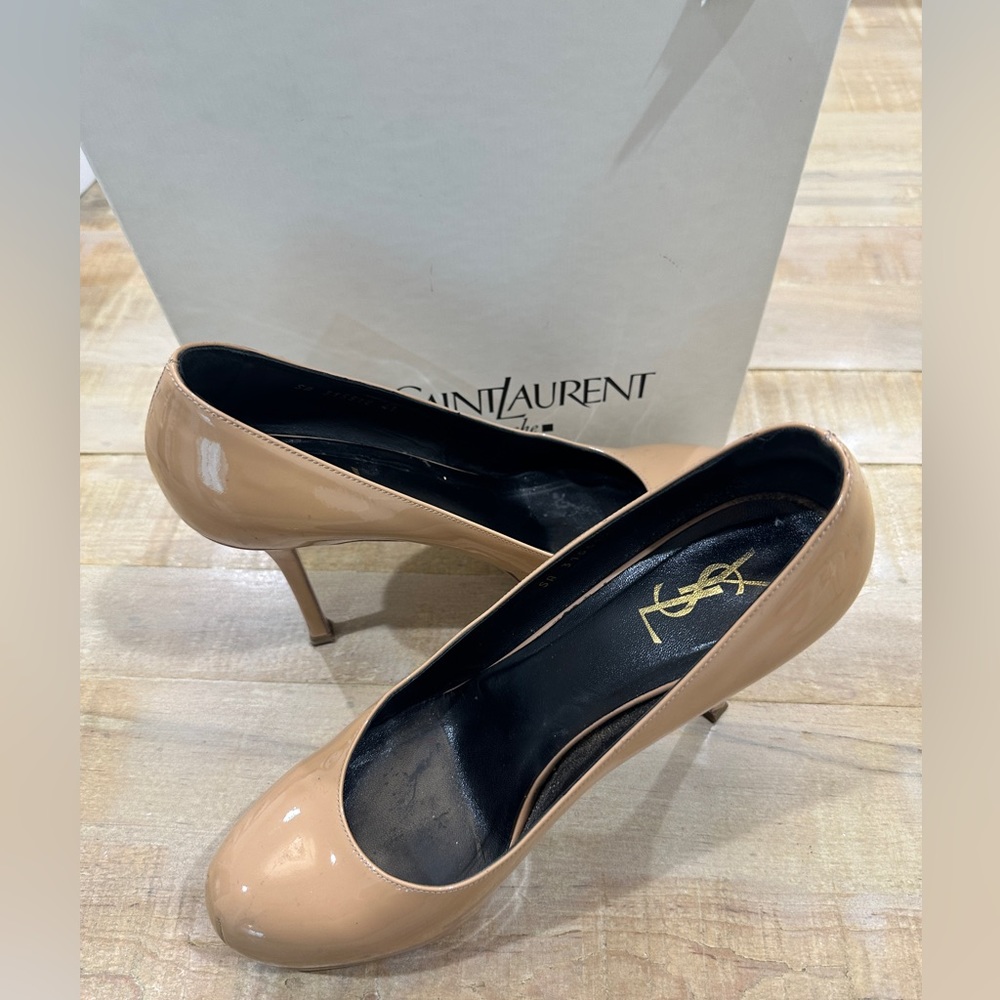 YSL Yves saint Laurent nude patent leather tribute pumps stiletto heels shoes